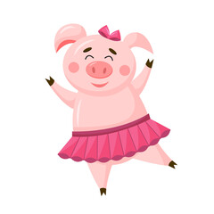 Plakat Vector cute pig dancing in ballet tutu cartoon character isolated on white background. Funny piggy illustration