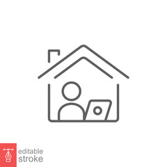 Work at home icon. Simple outline style. People with laptop at home, computer, office, workspace concept. Thin line symbol. Vector illustration isolated on white background. Editable stroke EPS 10.