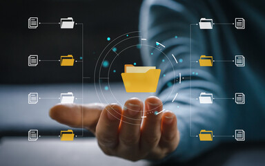 Human with online cloud document file management, information, system, DMS, online documentation database, manage files, enterprise with ERP.search and manage document business technology © JOURNEY STUDIO7