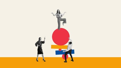 Brainstorming. Group of employees generating creative and innovative ideas for company development. Stop motion, animation. Contemporary art. Concept of office, business, career, success.