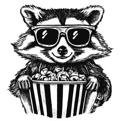 funny raccoon wearing sunglasses with a popcorn vector sketch - obrazy, fototapety, plakaty