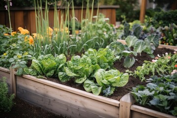 edible landscape with bok choy, herbs, and flowers in garden bed, created with generative ai