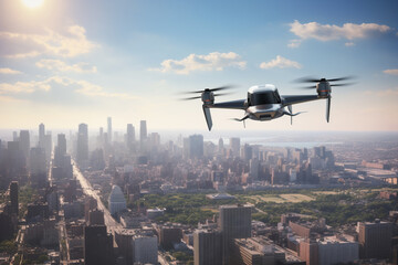 Electric Air taxi eVTOL flying high over a city. Urban Air Mobility, concept of future transportation