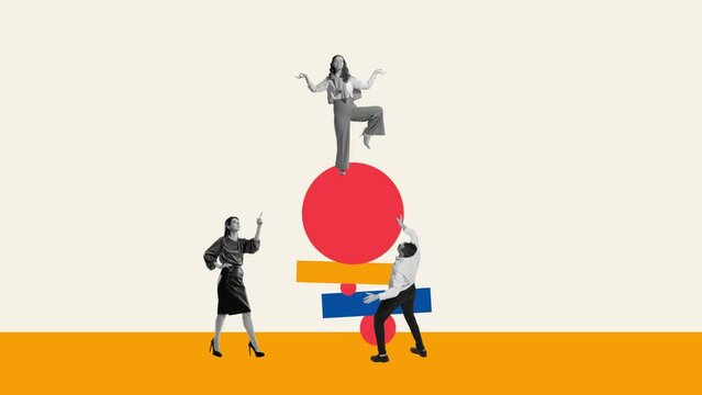 Brainstorming. Group of employees generating creative and innovative ideas for company development. Stop motion, animation. Contemporary art. Concept of office, business, career, success.