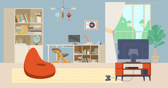 Teenager's room interior with no people flat vector illustration. Cozy interior with working place, bookcase, toys, beanbag chair and TV.