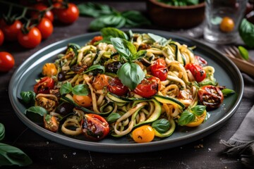 plate of zucchini pasta with roasted tomatoes, basil and balsamic, created with generative ai