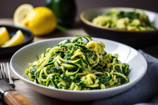 zucchini pasta, mixed with spinach and capers in lemon sauce, created with generative ai
