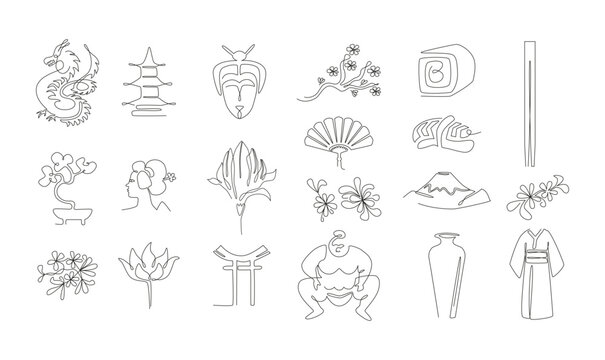 Set of oriental symbols - dragon, geisha, architecture, flowers, food. Modern Japan. Continuous line art. One line drawing. Minimalist stylish art