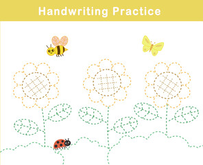 Handwriting practice worksheets for kids. Trace and color activity. Educational game for children. Simple line  drawing practice for preschool children. Learning basic geometric shapes.