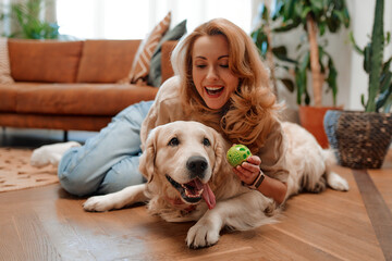 Couple with dog at home