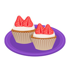 Cupcakes with cream and berries. Strawberry. Filled dough, pastries. Vector graphic.