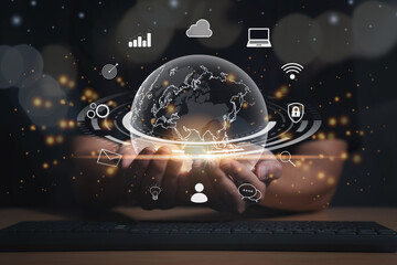 Man Hand holding virtual Global with technology and business icon for metaverse world. Globalisation and Digital business technology transformation concept.