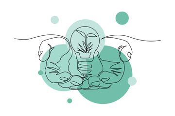 Continuous single one line drawing art of open palm hand holding light bulb and plant seeds vector illustration. Show idea and growth concept