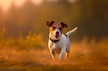 Jack Russell Terrier dog is walking in the park. Generative AI.