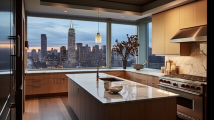 The interior design of modern kitchen in apartment with skyscraper view. Generative AI AIG27. - obrazy, fototapety, plakaty