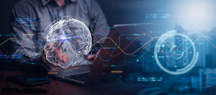 Internet network digital technology, big data, internet network connection, IoT, software development, modern tech concept. Man using laptop cloud computing on blue city background.