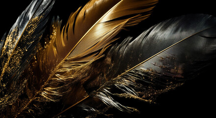 Golden yellow feathers nature on a black background