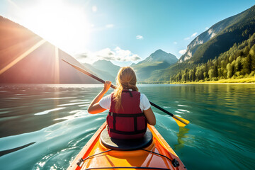 back view of woman kayaking in crystal lake near alps mountains,amazing lens flare ai generated art Generative AI - obrazy, fototapety, plakaty