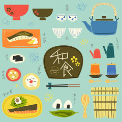 日本の料理・和食の手描き風ベクターイラストセット