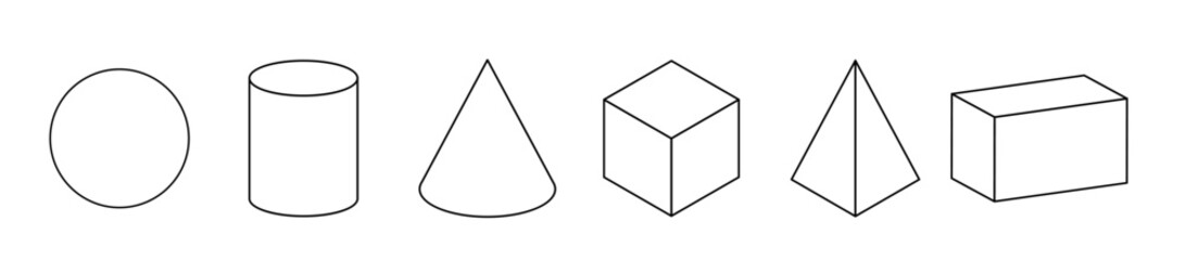 Set of linear geometric shapes. Spheres, cylinder, cone, cube, pyramid and parallelepiped. Mathematics of a geometric figure, contour. outline.