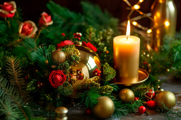 Fototapeta na wymiar Christmas arrangement with gold tinsel, balls, fir branches, ai generated