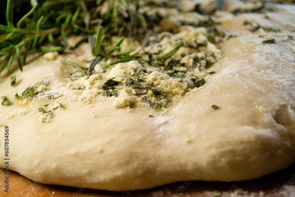 Sticker close-up of pizza dough, with sprinkle of olive oil and herbs, created with generative ai