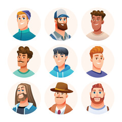 Set of man avatar characters. Male avatars in cartoon style