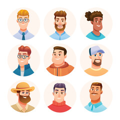Collection of man avatar characters. Male avatars in cartoon style