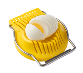 Boiled egg in the egg slicer on transparent background. png file