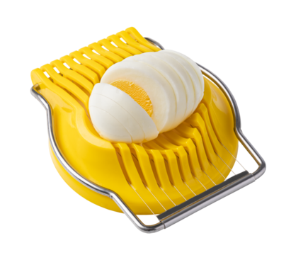 Boiled egg in the egg slicer on transparent background. png file