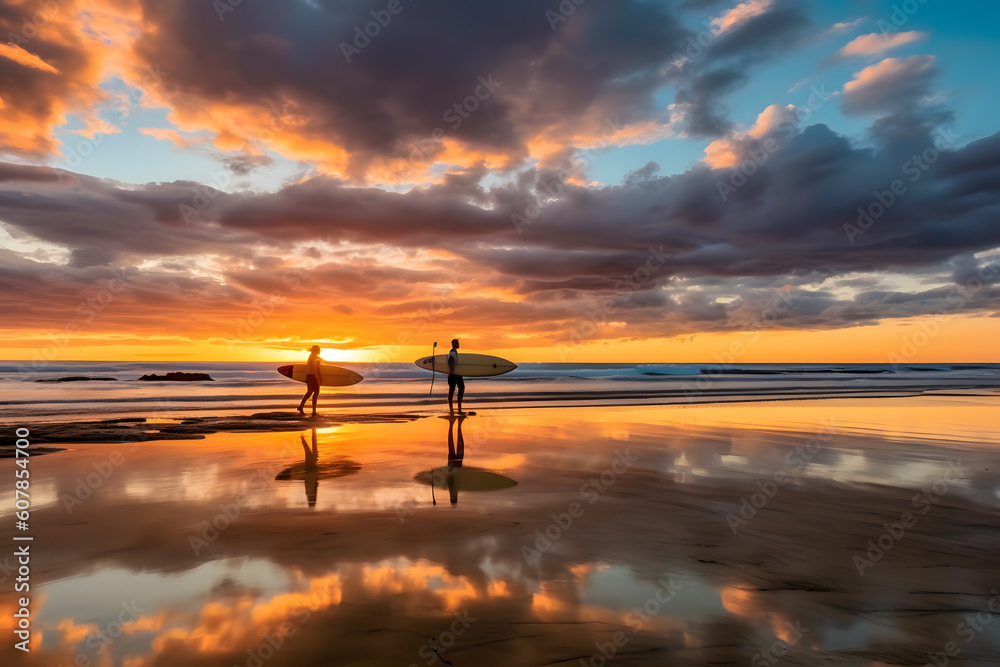 Wall mural Surfers during sunset, amazing cloud sunset reflection on water ai generated art Generative AI