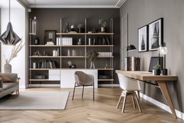 Fototapeta na wymiar a home office with a clean and modern design, featuring sleek furniture and storage solutions, created with generative ai