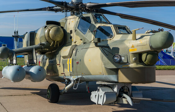 MAKS-2013. Soviet and Russian attack helicopters Mi-28N "Night hunter" (NATO -: Havoc) stand in static parking lot. Close-up of helicopter. Zhukovsky, Russia - August 28, 2013