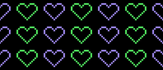 Simple Vintage Y2K Style Hearts Seamless Vector Pattern. Trendy Print with Neon Green and Violet Geometric Love Symbols Isolated on a Black Background. Creative Minimalist Endless Design. RGB Color.