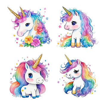 Set of cute unicorns with rainbow hair , AI Generative