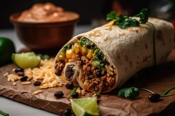 a close-up of a burrito, with the ingredients and spices visible, created with generative ai