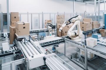 robotics sorting and packaging factory, with conveyor belts and high-tech machinery, created with generative ai