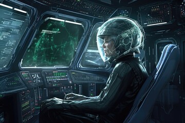 alien piloting high-tech spacecraft, commuting to distant colony, created with generative ai