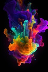 Obraz premium Colorful rainbow paint drops from above mixing in water. Ink swirling underwater. AI generated.