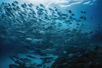 Fototapeta na wymiar school of fish swimming in clear blue waters, created with generative ai