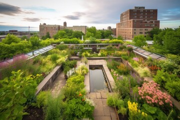rooftop garden with lush greenery, water features, and blooming flowers, created with generative ai
