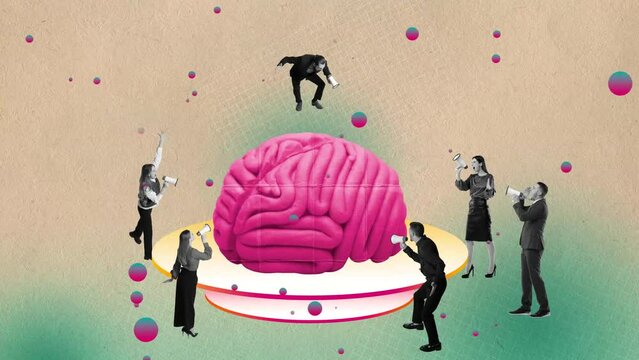 Brainstorming and ideas generation. Creative group of employees standing around brain and shouting in megaphone. Stop motion, animation. Contemporary art. Concept of business, career development.