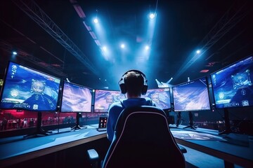 A gamer in an esports event playing video games in a tournament in a stadium. Concept: esports events. Generative AI - obrazy, fototapety, plakaty