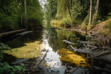 toxic waste spill in a natural setting, with dead fish and vegetation visible, created with generative ai