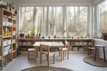 nature-filled home, with books and natural materials for learning, created with generative ai