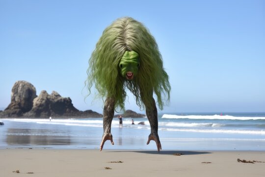 alien attempting handstand on the beach, with ocean breeze in its hair, created with generative ai