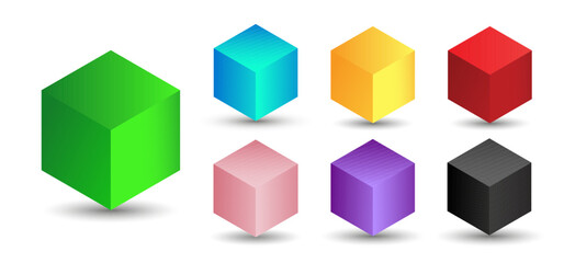 Set of vector cubes with gradients for game, icon, packaging design or logo. Cube illustration isolated on white background. Minimalist style abstract cube icon. Platonic solid. Icon.