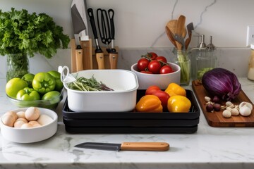 meal prep and planning station, with containers, utensils, and cookbooks for healthy cooking, created with generative ai