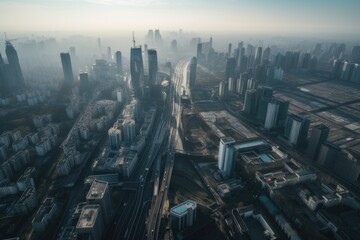Fototapeta premium aerial drone shot of a busy city with skyscrapers in the backdrop, created with generative ai