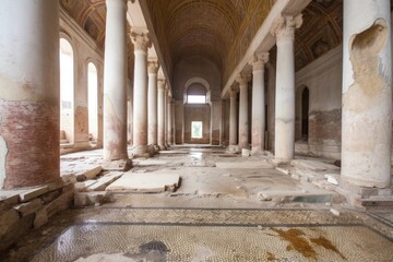 Obraz premium intricate mosaic floor in ancient ruins, surrounded by broken columns and debris, created with generative ai